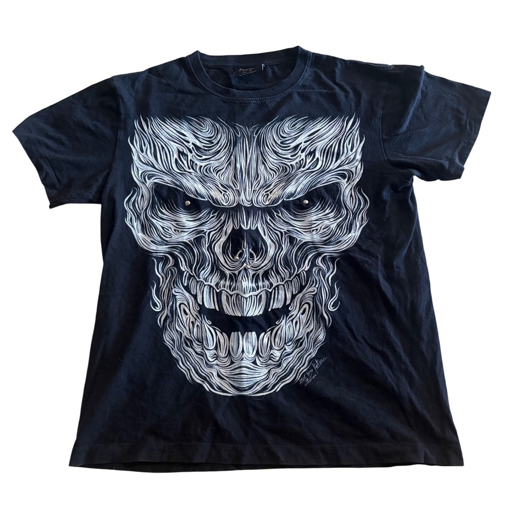 Y2K Vintage Rock Chang Black Skull Graphic T-Shirt Pierced 3D Gothic Mens Medium